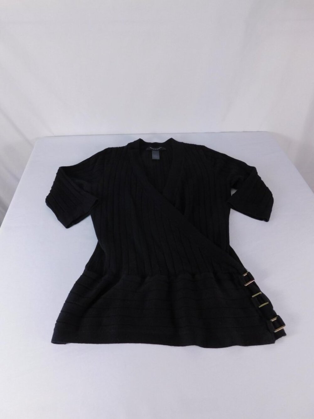 Ashley Stewart Sweater Womens 14/16 Black Wrap 3/4 Sleeve V Neck Buckle Knit